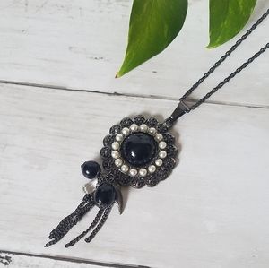Long Dark Pewter Large Pendant with Tassels Necklace